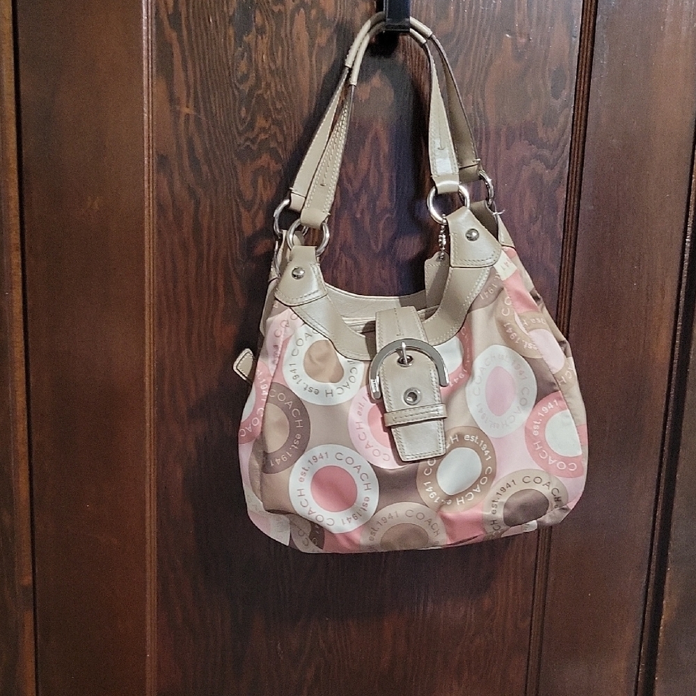 Coach Tan and Pink Shoulder Bag with Distinctive Pattern